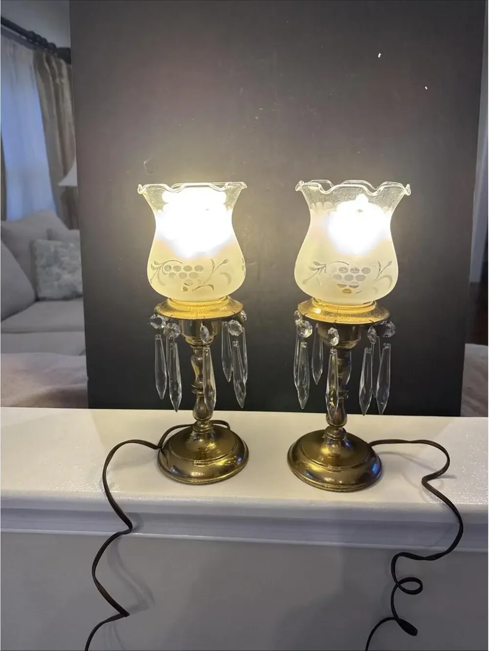VTG MCM Pair of Electrified Boudoir Brass Hurricane Lamps With Hanging Crystals